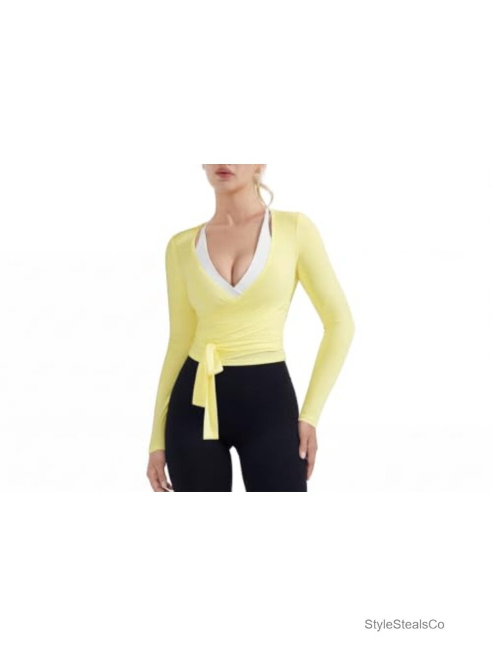 Ribbed V-Neck Long Sleeve Tie Front Cropped Workout Top Yoga Shrug